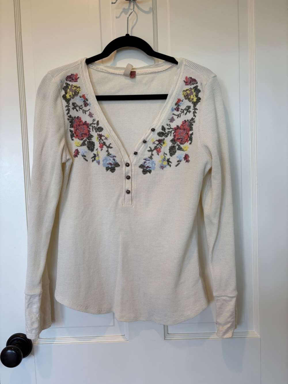 Ivory Floral Embroidered Henley Women's Top
